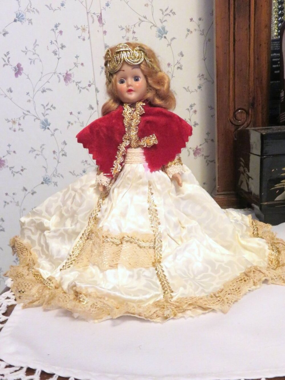 Vintage 7" Hard Plastic Blond Doll sleepy eyes, long cream dress 1960s? 1970s?